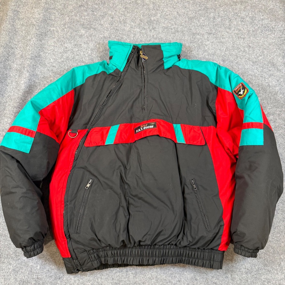 Vintage Triple FAT Goose Down Puffer Jacket Colorblock Red Teal Black Mens Small